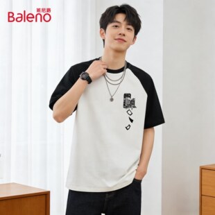 撞色插肩纯棉舒体恤适休闲时尚 新款 帅气上衣J T恤男夏季 班尼路短袖