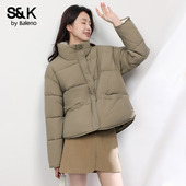 新款 班尼路S&K系卡其色短款 棉服女棉衣2026冬季 立领夹棉外套棉袄H