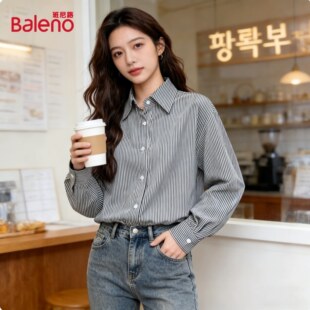 爆款 班尼路经典 叠穿上衣春季 开衫 透气通勤百搭女士衬衣J 条纹衬衫