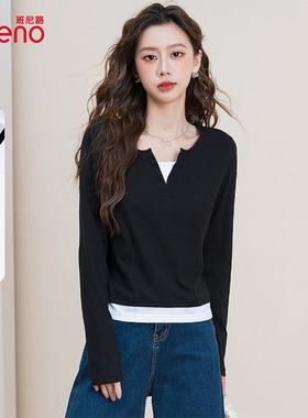 班尼路长袖t恤女2025春秋新款假两件纯棉打底衫好看修身女装上衣J