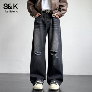 牛仔裤 长裤 男美式 男士 破洞宽松直筒阔腿2025新款 班尼路SK秋冬季