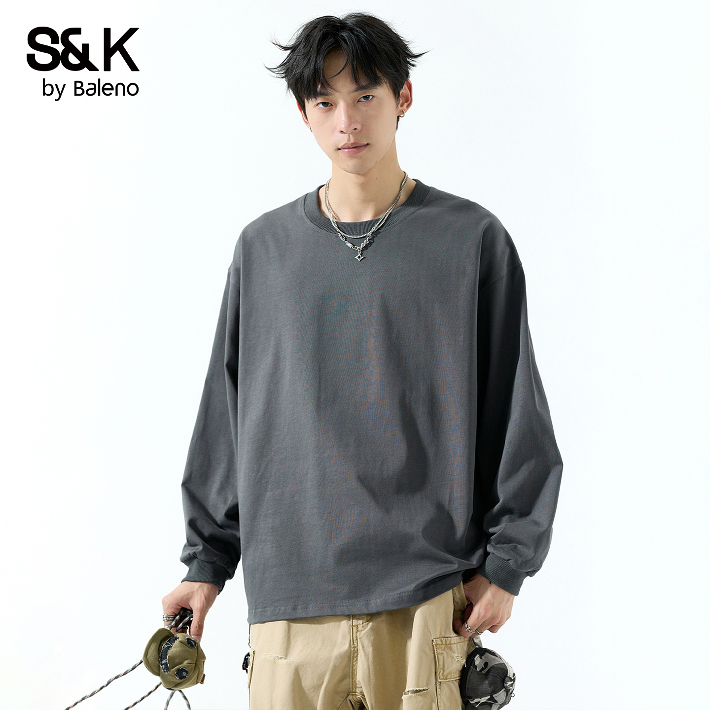 班尼路S&K系列轻奢纯棉简约长袖T恤男纯色圆领宽松打底衫休闲男YS