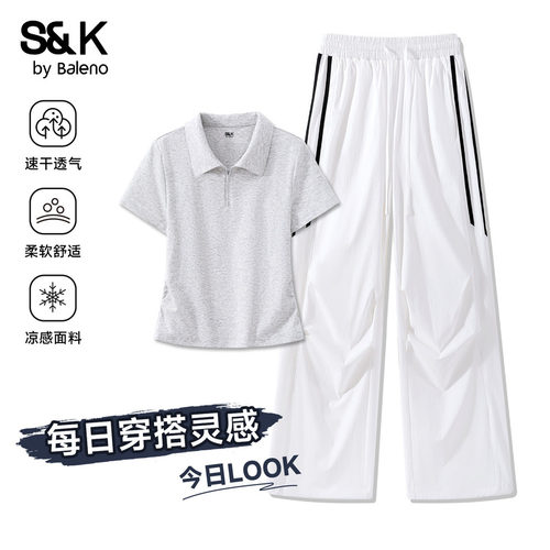 班尼路S&K速干运动套装女2026夏新款POLO衫短袖T恤工装裤两件套Q