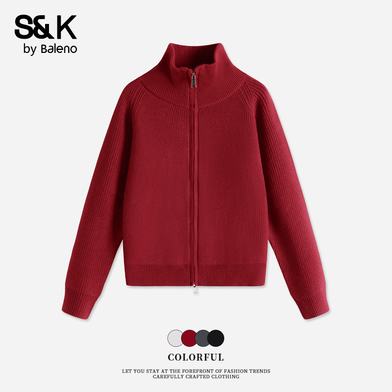 班尼路S&K系列红色复古针织开衫毛衣女早秋新款高领显瘦通勤外套Q