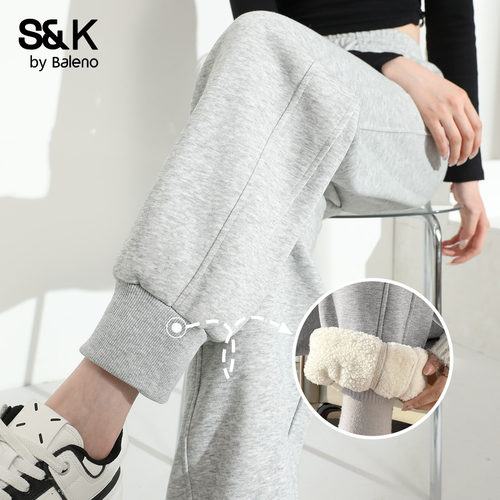 班尼路S&K系列羊羔绒螺纹束脚裤女2025冬季新款加绒加厚保暖卫裤Q