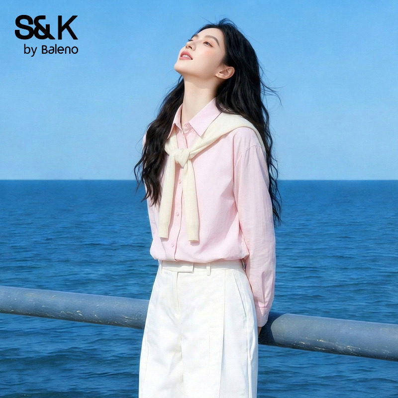 班尼路S&K粉色假两件披肩衬衣女图片