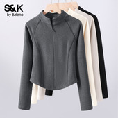 女2026秋冬季 新款 修身 班尼路S&K灰色薄绒内搭打底衫 上衣长袖 t恤H