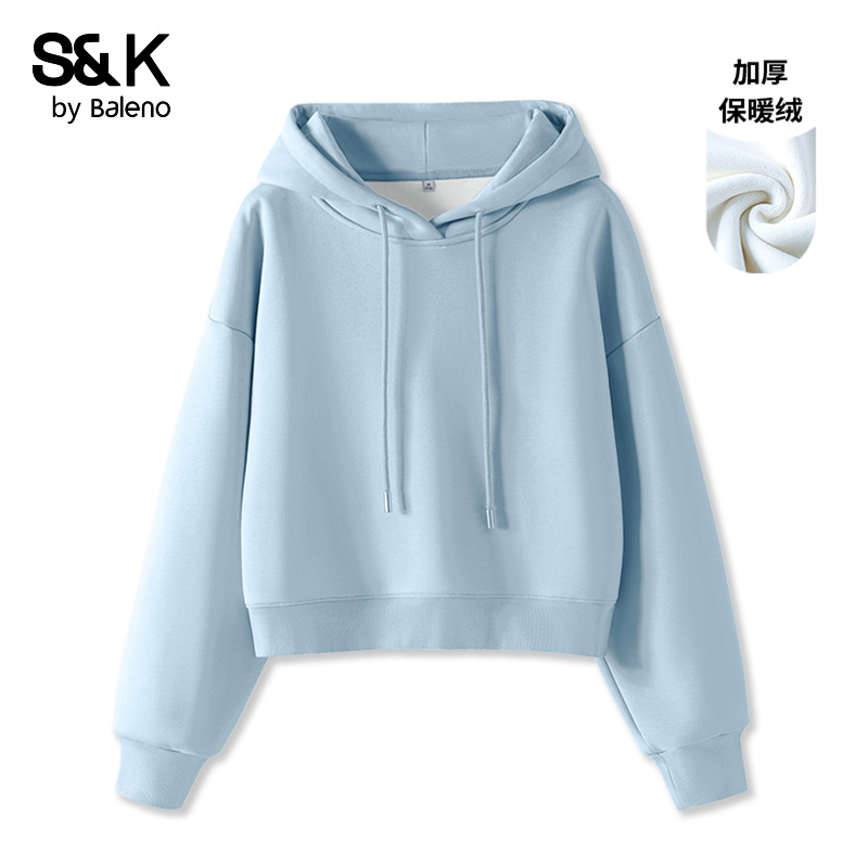 班尼路S&K系列连帽加绒卫衣女款秋冬新款青少年宽松休闲短款外套Q