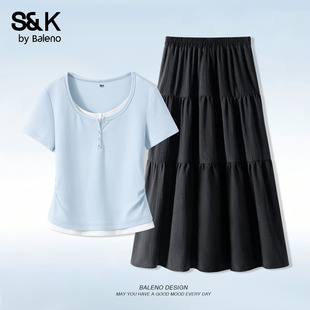 新款 女2026夏季 早春绝美一整套穿搭H 半身裙套装 班尼路S&K系列短袖