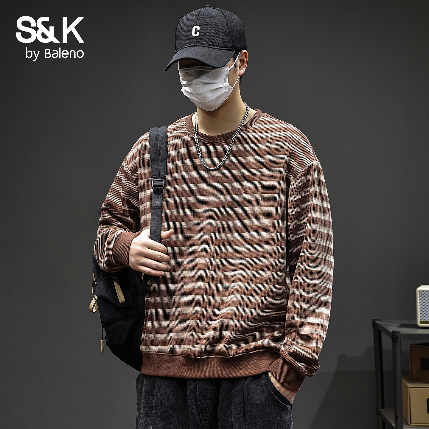 班尼路SK冬季卫衣男美式风条纹宽松圆领休闲百搭男士款长袖上衣YS