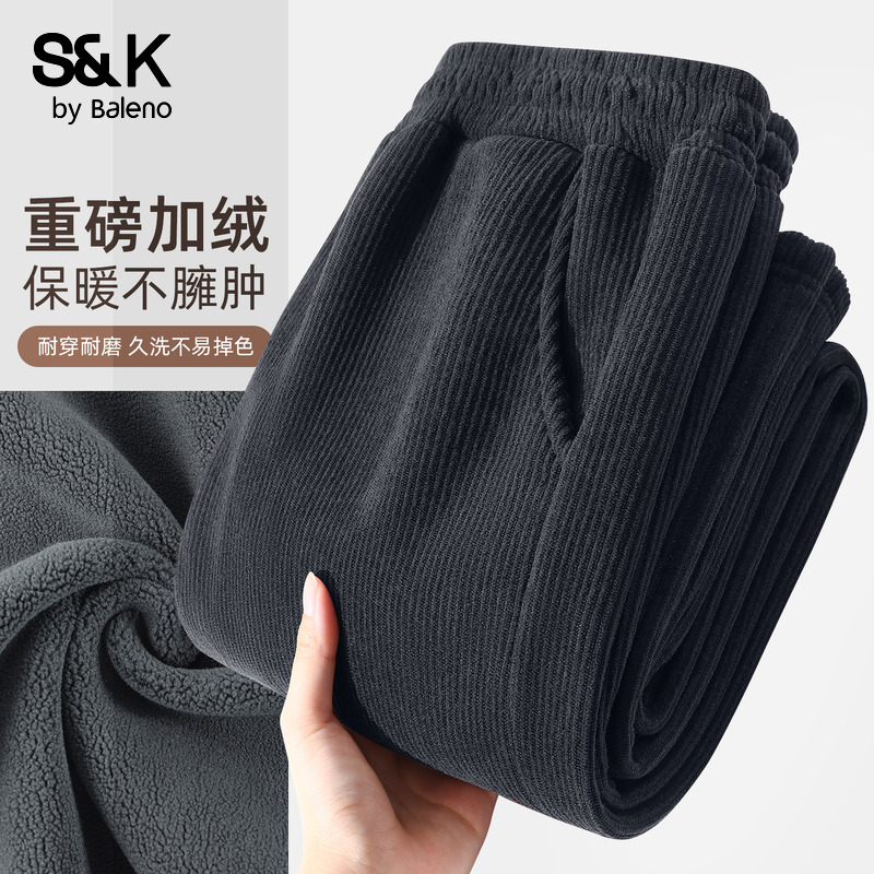 班尼路S&K系列黑色灯芯绒裤子女2025冬季新款时尚加绒保暖直筒裤H