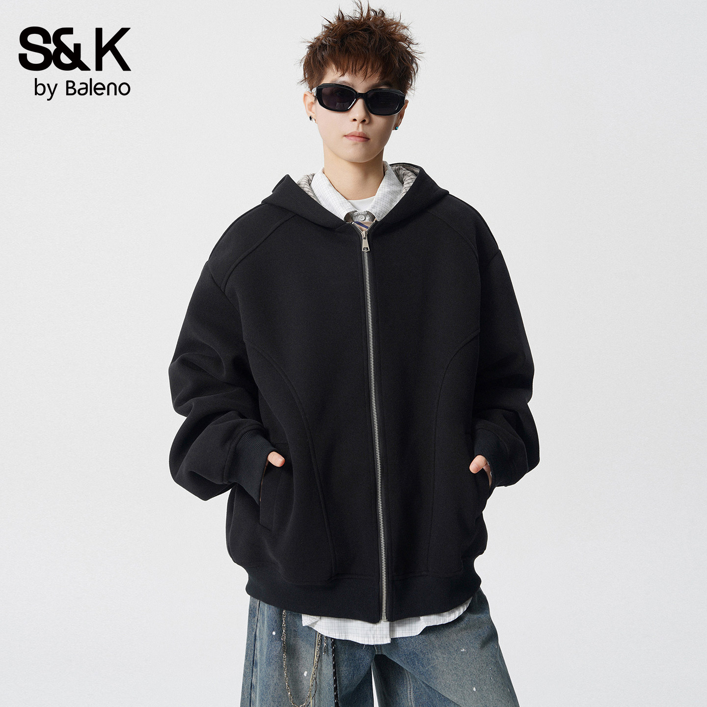 班尼路SK美式复古蓝宽松连帽开衫卫衣男2026新款松弛感开衫外套YS,男装,卫衣,淘宝优惠券,粉丝福利购,淘宝优惠卷