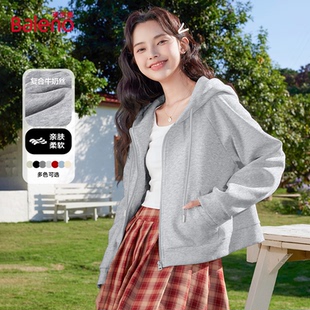 開衫 班尼路灰色連帽外套女2025秋季 新款 休閑百搭短款 寬松上衣女Q