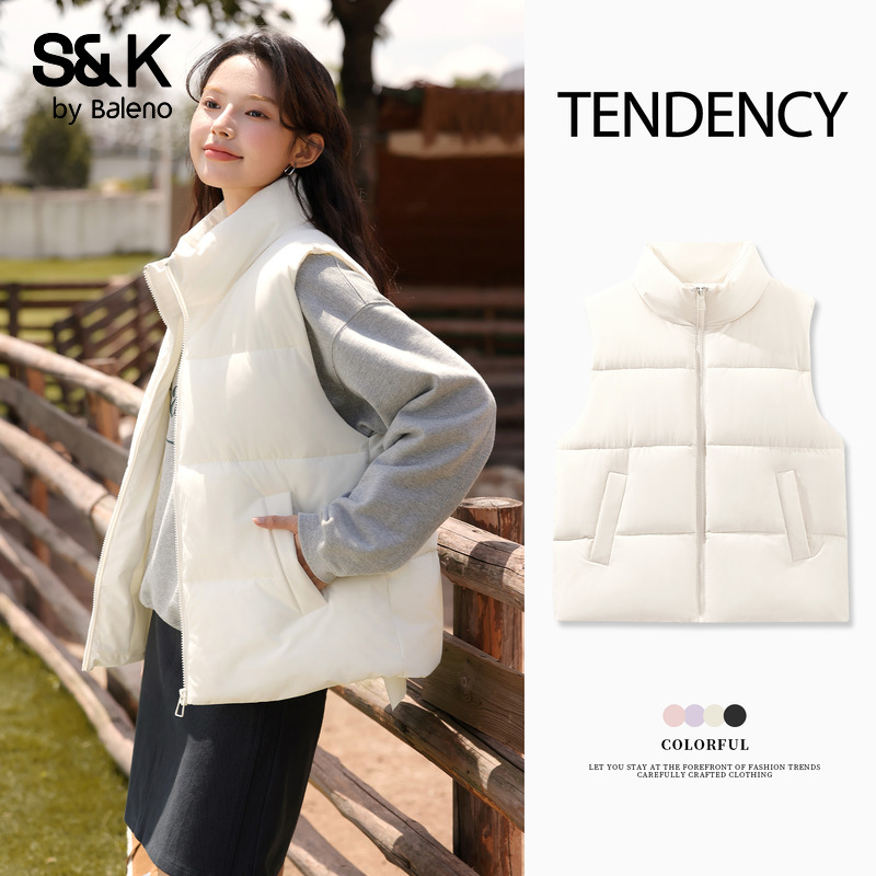 班尼路S&K系列白色棉马甲女款2025新款秋冬新款休闲百搭坎肩外套Q