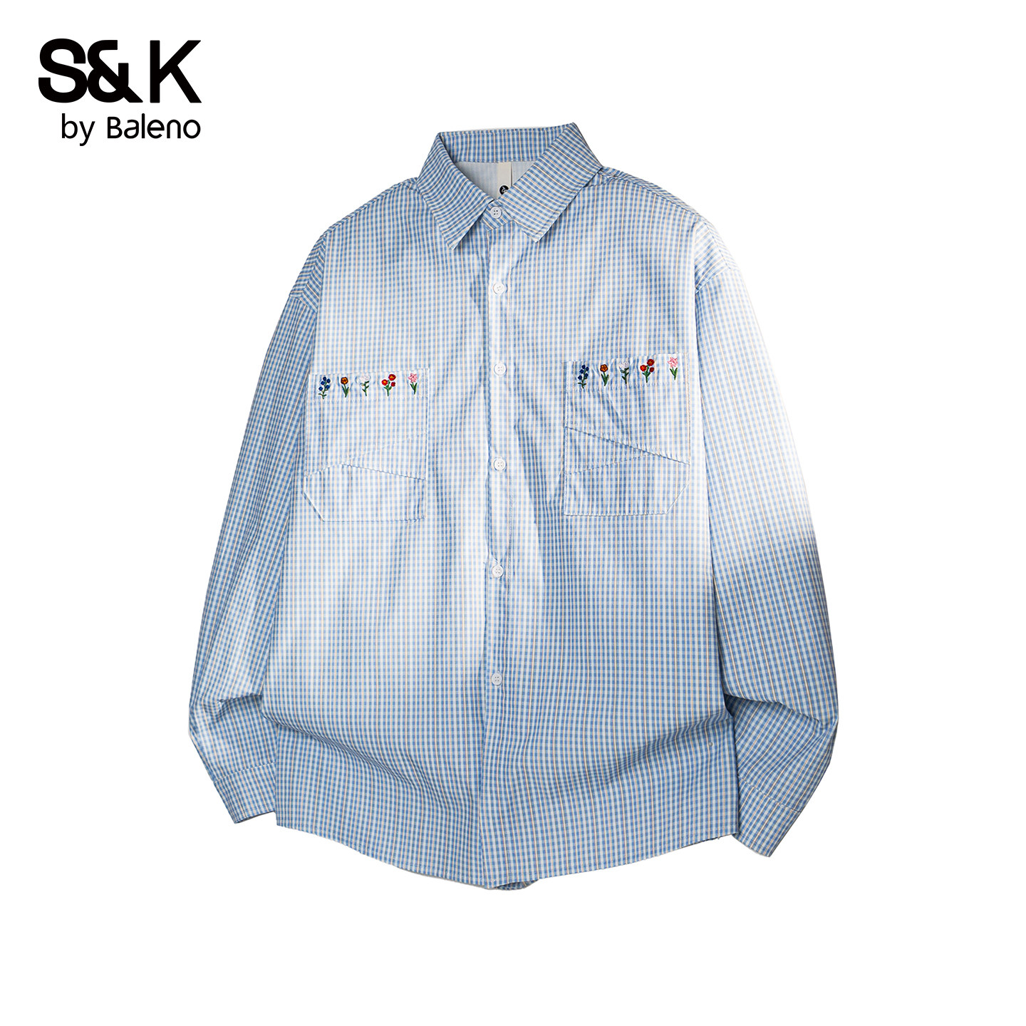 班尼路SK美式复古格子长袖衬衫男士夏季款刺绣宽松百搭休闲衬衣YS