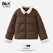 新款 班尼路S&K系列咖色翻领短款 棉服女2026冬季 保暖棉服夹棉外套H