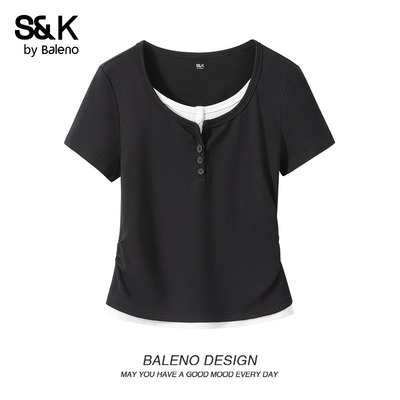 班尼路S&K黑色假两件短袖t恤女款