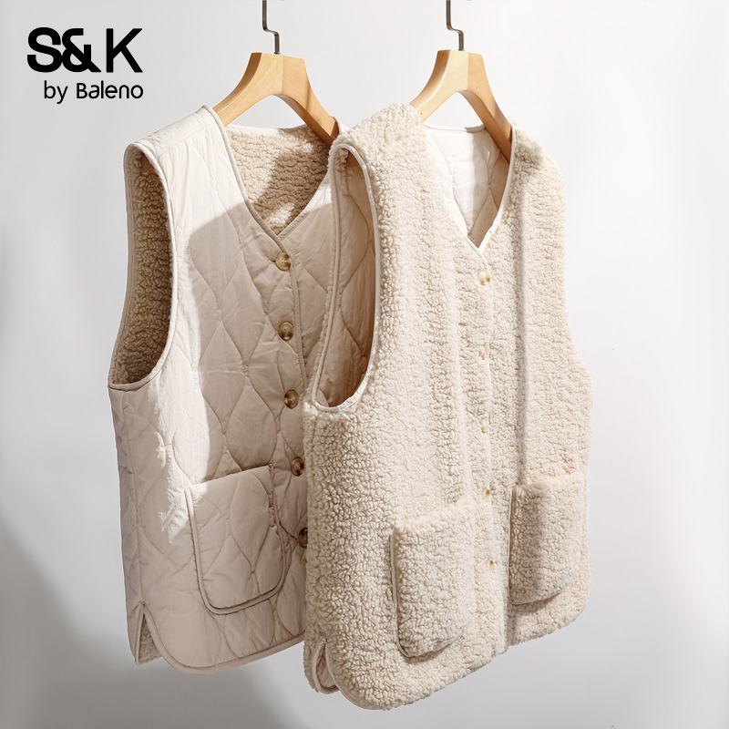 班尼路S&K系列卡其色两面穿棉马甲女款2025秋冬新款保暖背心上衣H