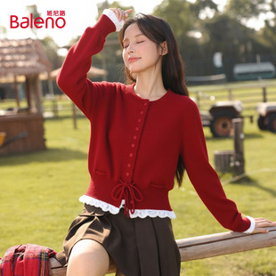 班尼路红色针织毛衣外套女款2026秋冬新款马年本命年针织衫上衣H
