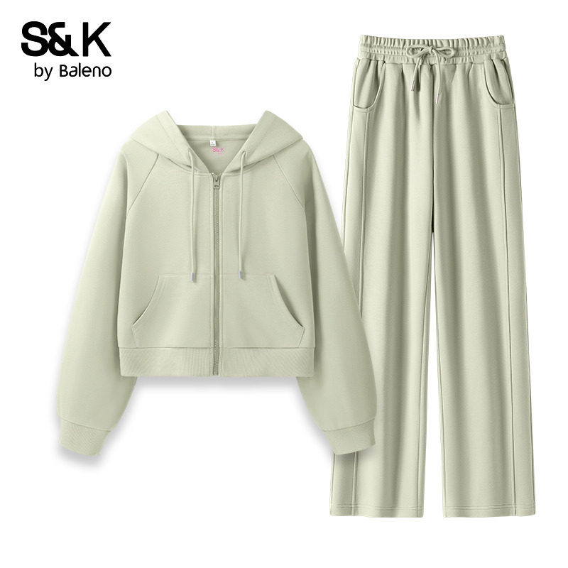 班尼路S&K系列绿色运动套装女秋季新款休闲宽松卫衣阔腿裤一整套Q