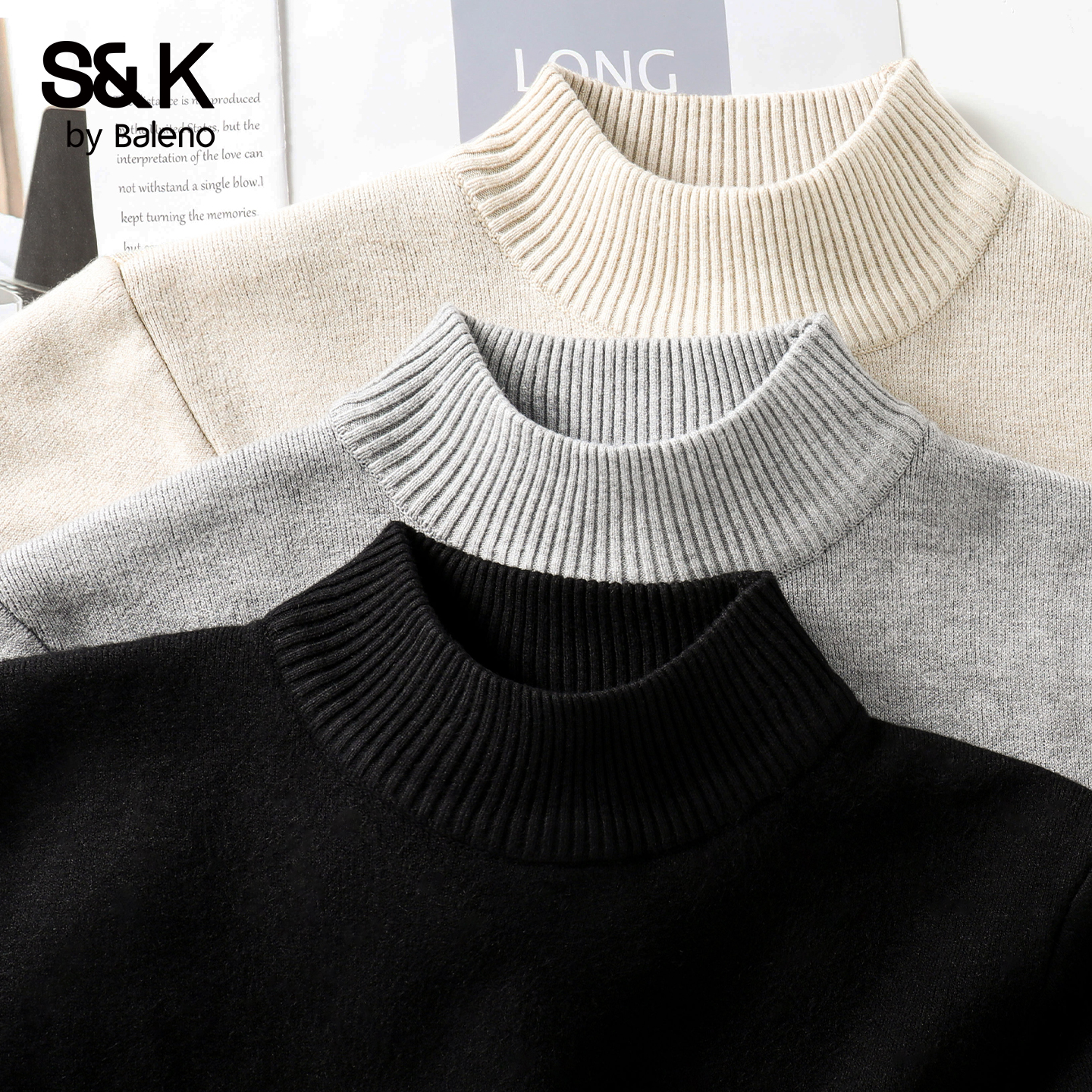 班尼路S&K黑色重磅半高领毛衣男