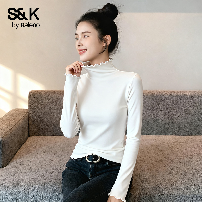 白色木耳边长袖t恤打底衫上衣