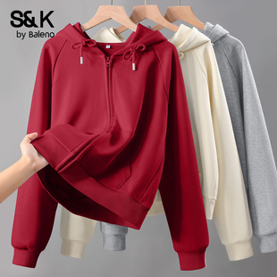 班尼路S&K系列短款红色卫衣女款2026新款春季小个子连帽外套开衫M