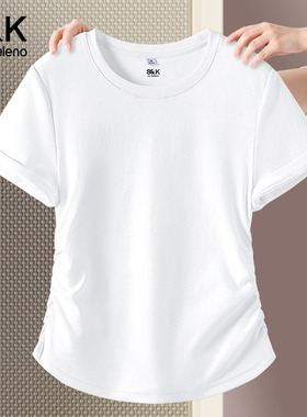 班尼路S&K系列白色修身抽褶短袖T恤女2026夏季新款百搭正肩上衣H