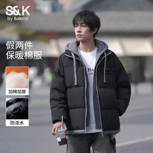 潮牌加厚男生面包棉衣外套E 美式 班尼路假两件棉服男冬季 2025新款