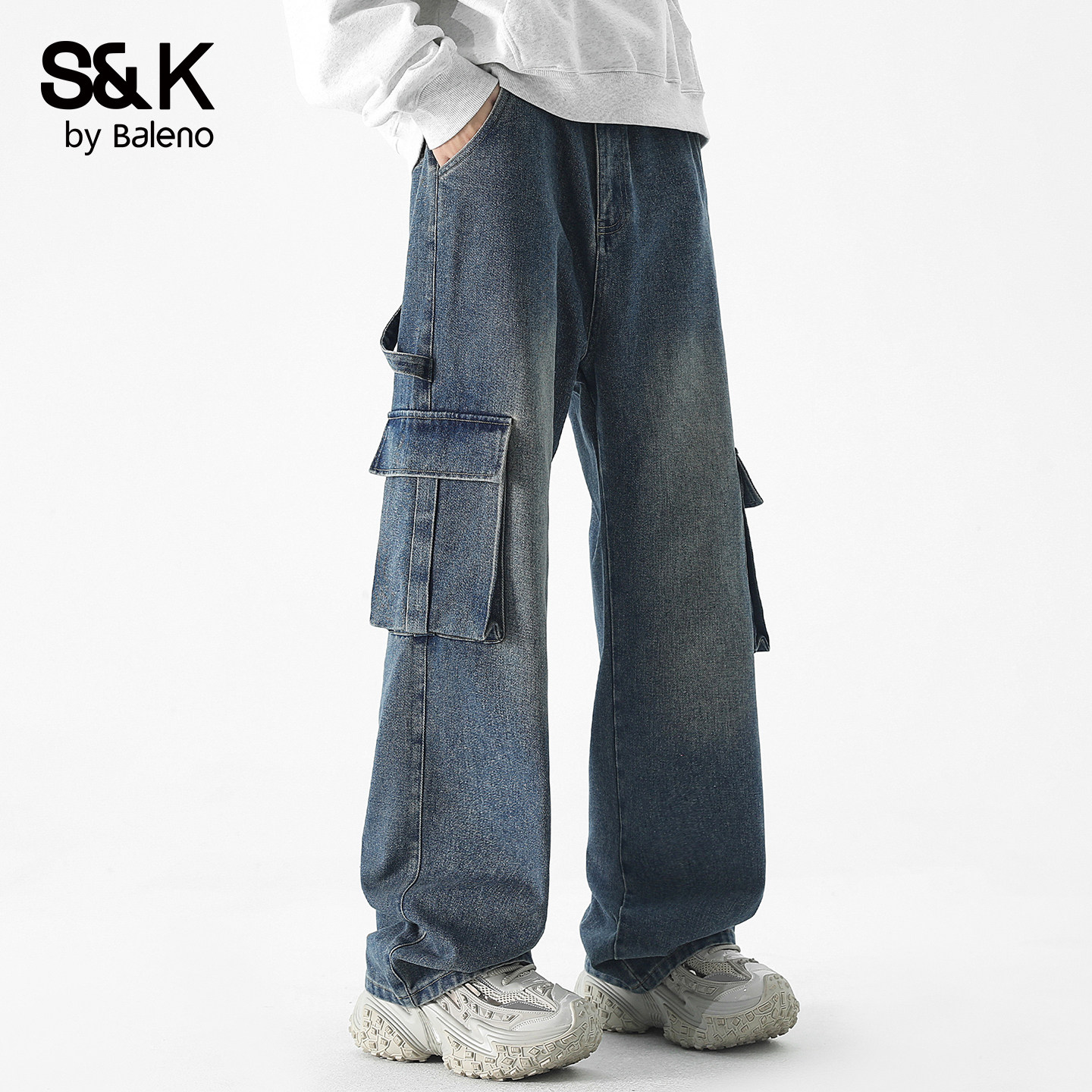 班尼路SK美式工装风多口袋牛仔裤男2026新款宽松直筒阔腿长裤男YS,男装,牛仔裤,淘宝优惠券,粉丝福利购,淘宝优惠卷