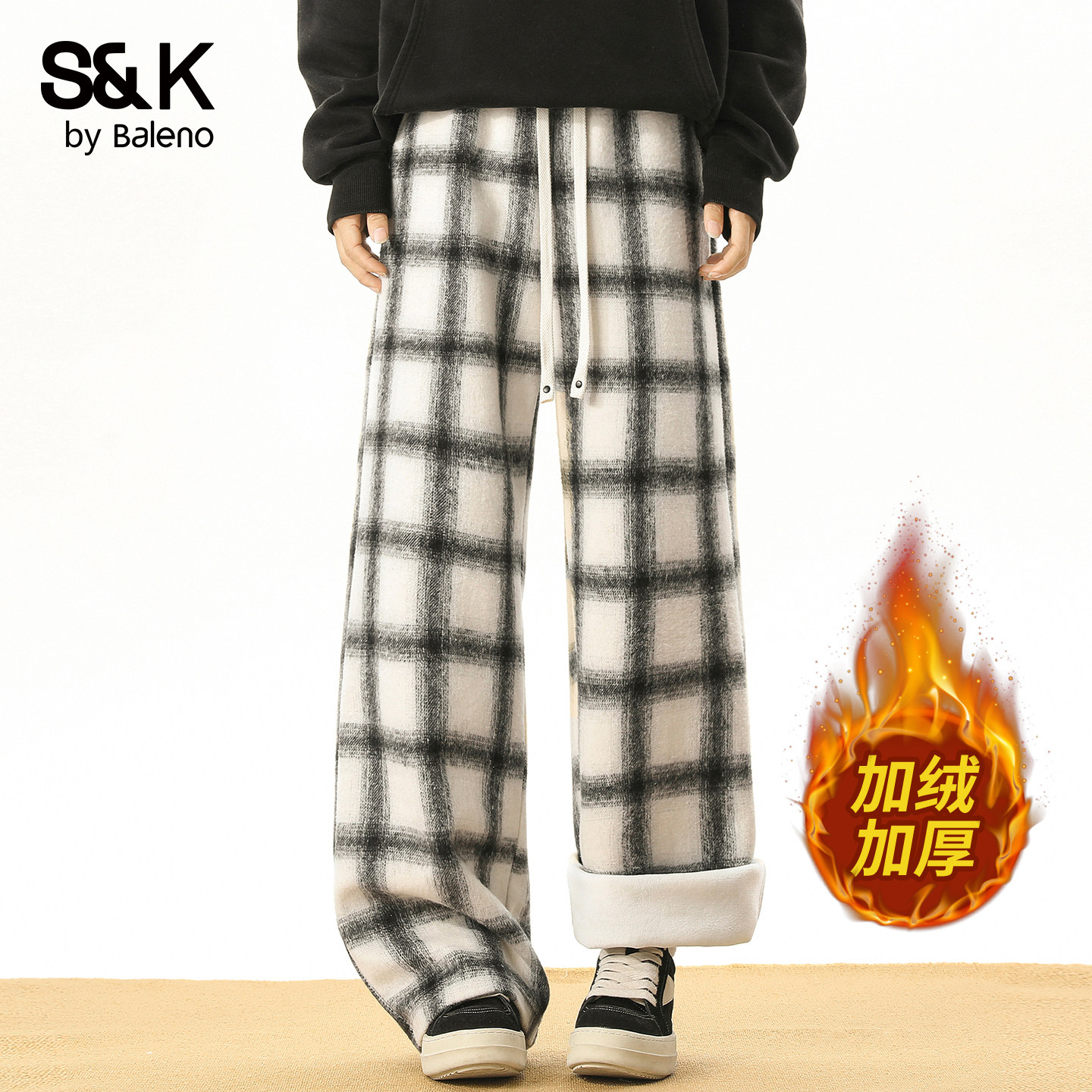 班尼路SK美式复古格子阔腿裤男2026新款加绒宽松直筒休闲长裤男YS,男装,休闲裤,淘宝优惠券,粉丝福利购,淘宝优惠卷