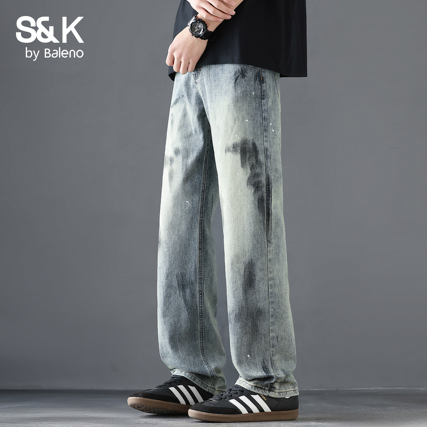 班尼路SK水洗脏染泼墨牛仔裤潮牌