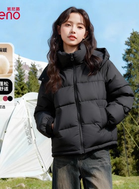 班尼路黑色连帽棉服女冬季爆款宽松大码外套保暖休闲百搭棉衣女Q