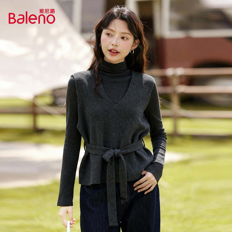 班尼路黑色半高领修身打底衫女秋冬叠穿针织马甲毛衣上衣两件套Q