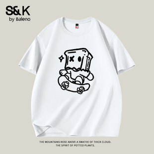 Baleno/班尼路S&K系列男士白色纯棉短袖T恤男款情侣装夏季上衣服A