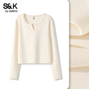 显瘦紧身卫衣休闲上衣女N 新款 班尼路S&K系列杏色V领长袖 t恤女秋季