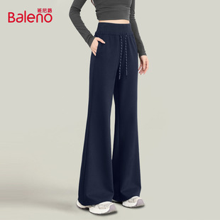 宽松休闲运动直筒阔腿裤 班尼路藏青色加绒微喇裤 女2025秋冬新款