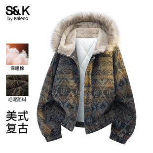 班尼路美式 棉衣E 复古毛领连帽棉服男女情侣加厚保暖宽松外套冬季