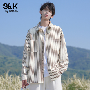 新款 男秋季 宽松休闲潮牌百搭翻领外套MS 衬衫 班尼路SK简约条纹长袖