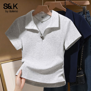 2026新款 班尼路S&K系列灰色polo领修身 夏季 t恤女款 正肩上衣H 短袖