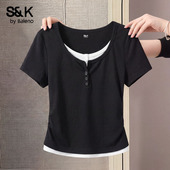 T恤女款 2026春夏新款 修身 班尼路S&K系列黑色假两件短袖 显瘦半袖