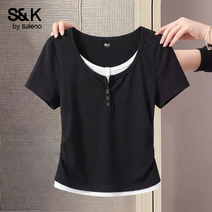 女休闲显瘦半袖 班尼路S&K系列黑色假两件T恤女夏季 短袖 修身 新款