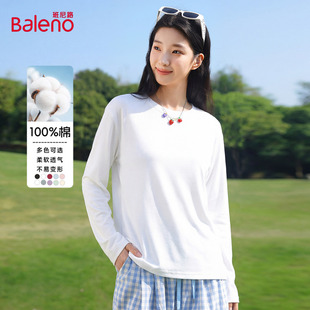 班尼路白色纯棉长袖T恤女2026春夏新款圆领宽松显瘦休闲百搭上衣Q
