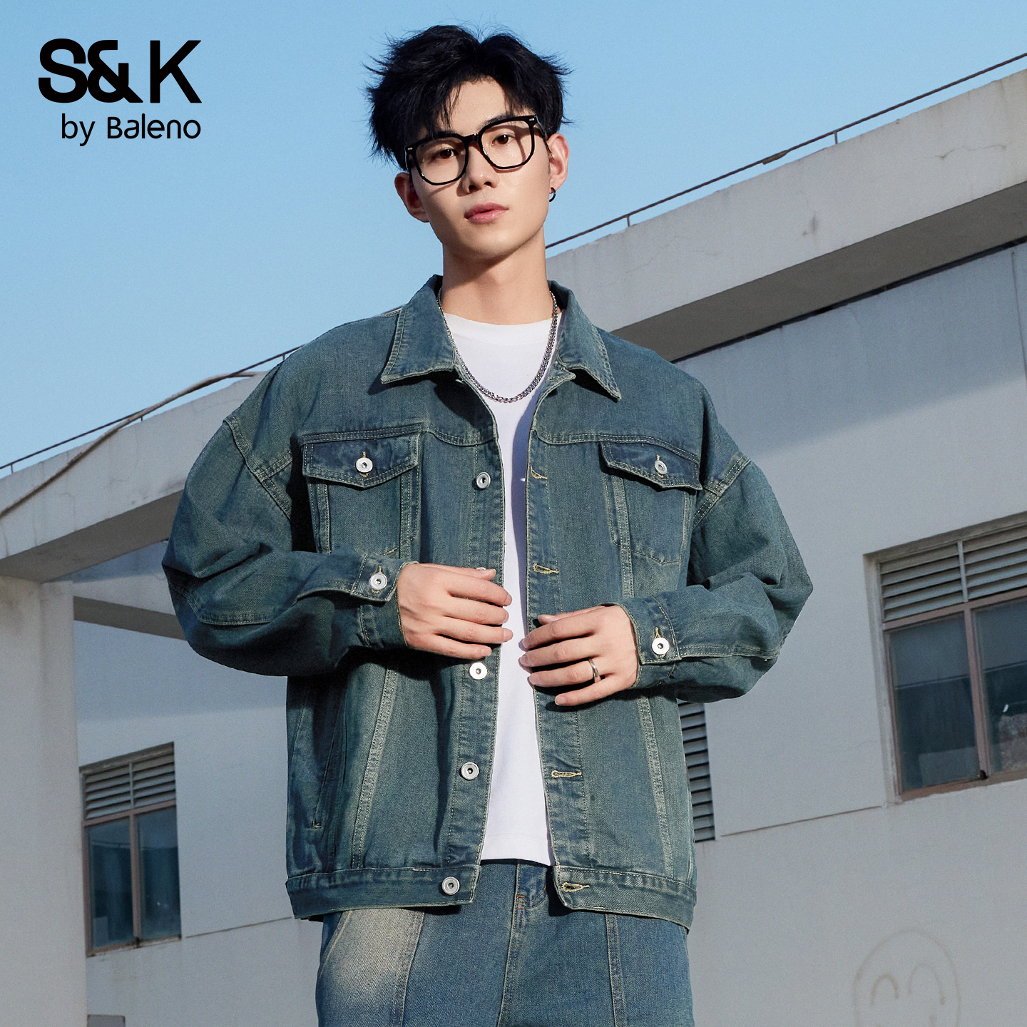 班尼路SK美式复古牛仔夹克男春秋新款潮牌水洗宽松工装百搭上衣MS