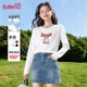 班尼路杏色纯棉长袖 百搭圆领上衣N 休闲宽松时尚 t恤女2025秋季 新款