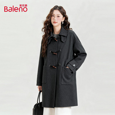 班尼路灰色牛角扣羊毛大衣女款2025冬季新款小个子加厚毛呢外套QW