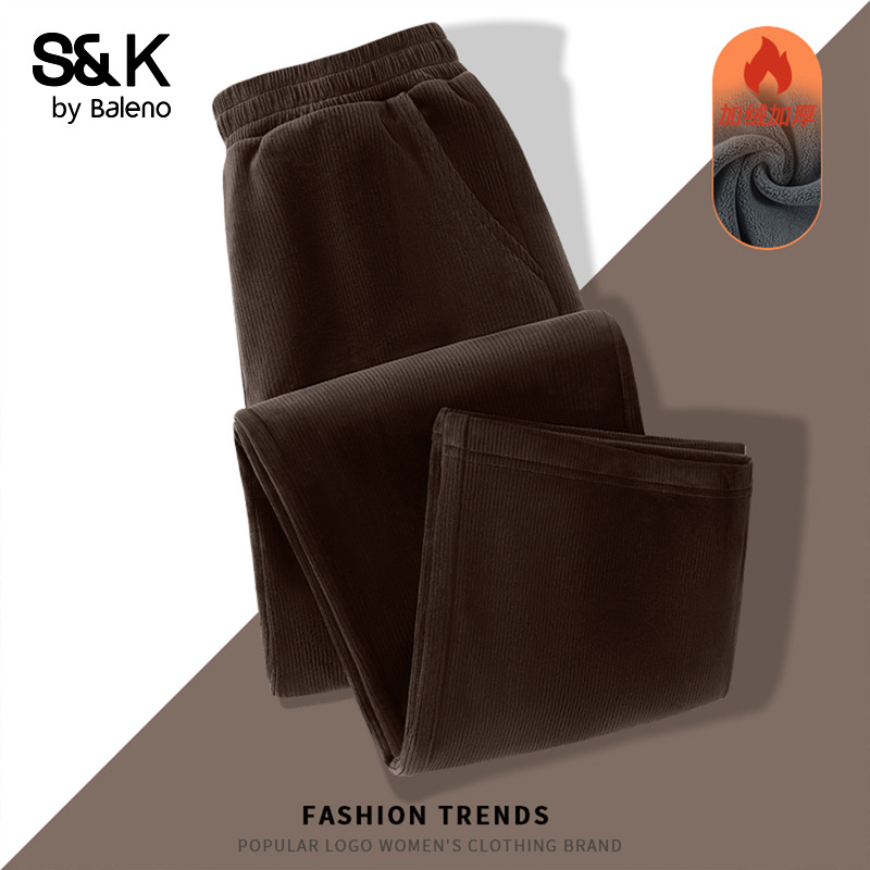 班尼路S&K系列咖色灯芯绒直筒裤女秋冬新款美拉德加绒保暖阔腿裤N