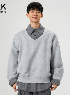 班尼路SK秋冬假两件翻领卫衣男新款V领时尚百搭条纹外套衬衫男MS