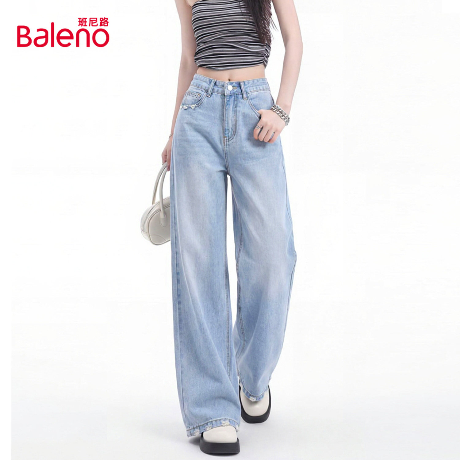 班尼路浅蓝色弯刀直筒牛仔裤女春季新款高个子显瘦宽松阔腿裤子M,女装/女士精品,牛仔裤,淘宝优惠券,粉丝福利购,淘宝优惠卷