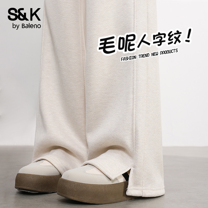 班尼路S&K系列人字纹加绒直筒裤女款2025秋冬新款高腰开叉阔腿裤N